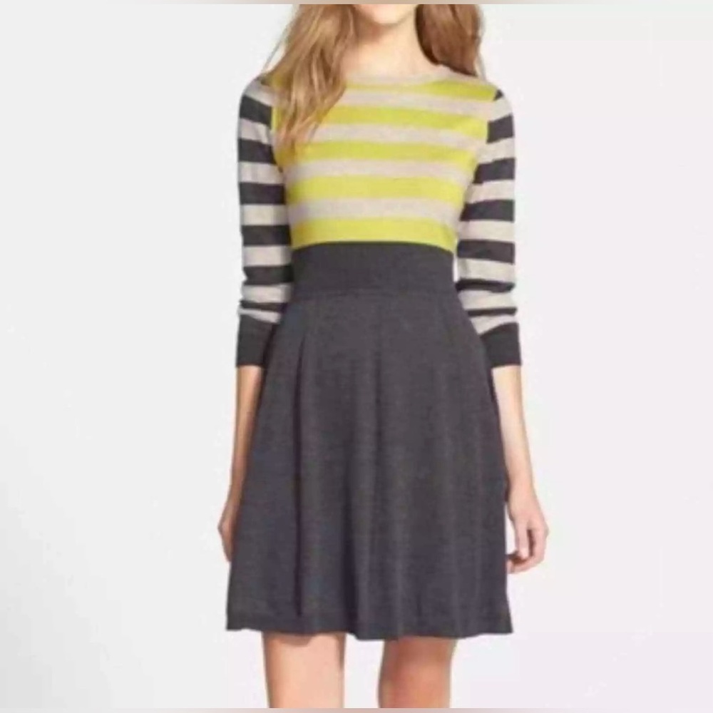 Eliza J Fit & Flare Striped Long sleeve Sweater Dress Grey Neon Yellow S colorbl